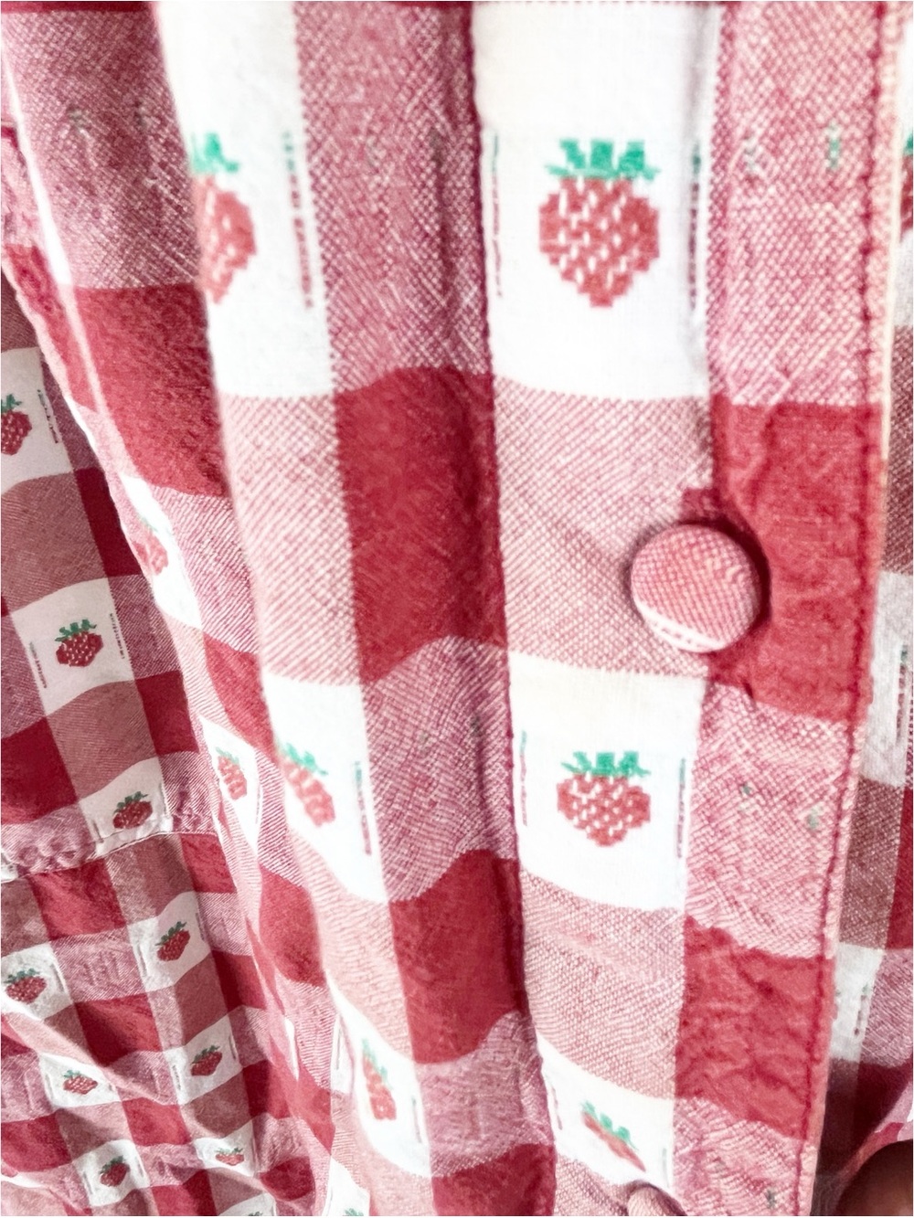 VINTAGE 100% Cotton Red Checkered Strawberries Short Sleeves Button Dress Large - Picture 7 of 9